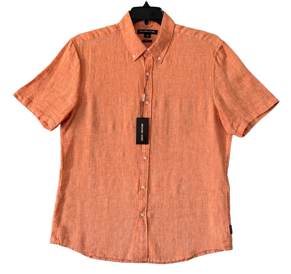 Michael Kors Linen Shirt Men's Large Slim Fit Short Slv Button-Down Orange NWT